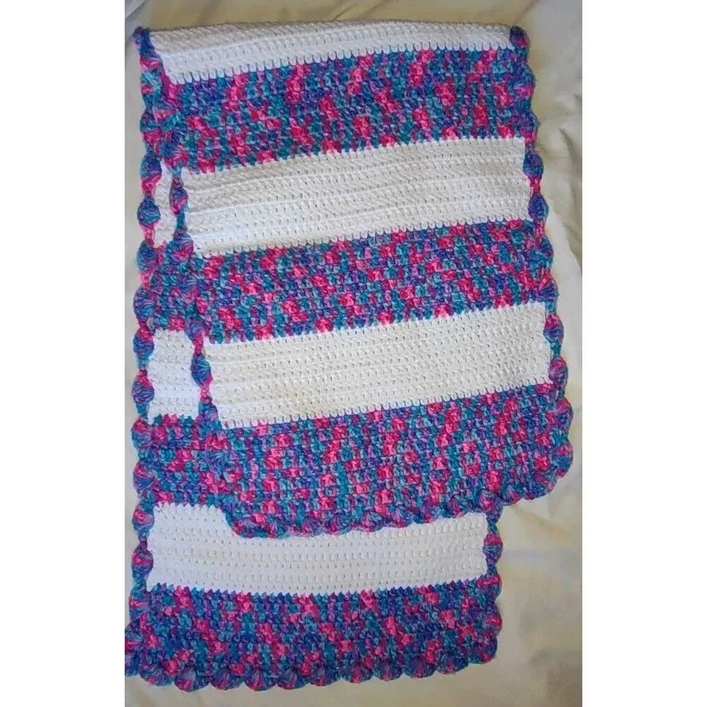 (2) Vintage Hand Crocheted Table Runners Scarves Variegated Purple Blue Pink